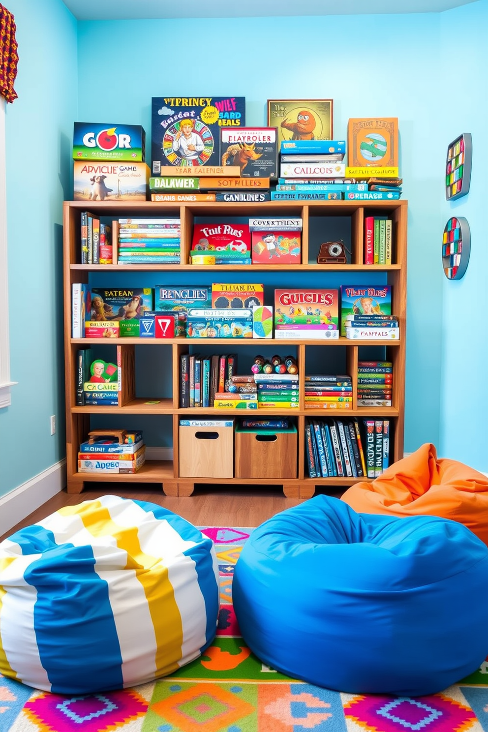 A vibrant game shelf filled with an array of colorful board games is the centerpiece of the room. The shelf is crafted from reclaimed wood and features a mix of open and closed storage for a playful yet organized look. Surrounding the shelf, the walls are painted in a light blue hue, creating a cheerful atmosphere. Cozy bean bags and a large rug in bright patterns provide comfortable seating for game nights with friends and family.