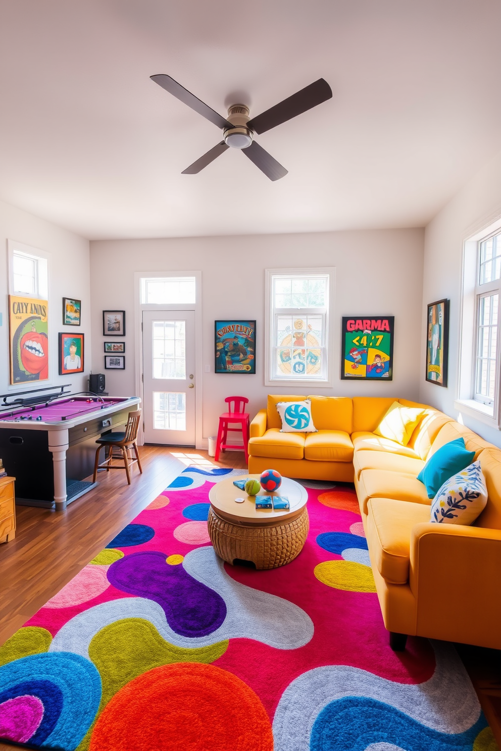 A vibrant game room filled with natural light. The space features a colorful area rug that adds warmth and texture, complementing the playful decor. A large sectional sofa in a bright hue invites relaxation and socializing. The walls are adorned with framed game-themed artwork, creating an engaging atmosphere.