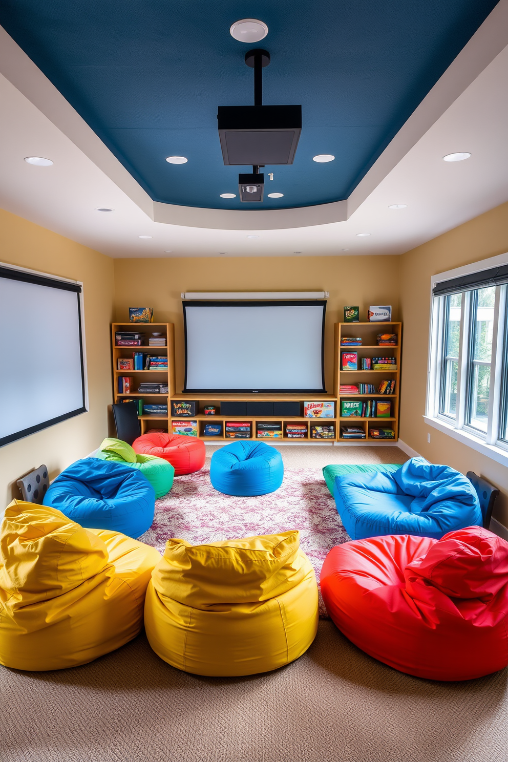 A cozy game room designed for summer entertainment. The space features a large projector screen mounted on one wall, with comfortable seating arranged in a semi-circle for optimal viewing. Brightly colored bean bags and a plush rug create a playful atmosphere. Shelves lined with board games and snacks add to the fun, while large windows allow natural light to fill the room.