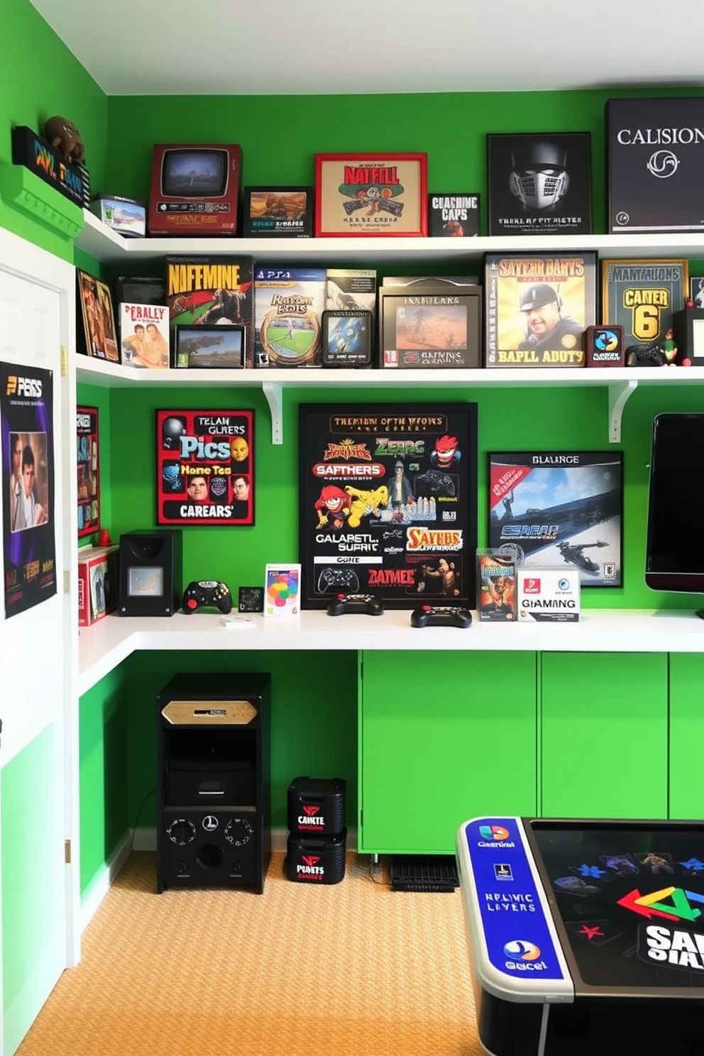 A vibrant game room featuring shelves filled with an impressive collection of gaming memorabilia. The walls are painted in a bold color, creating an energetic atmosphere that showcases the passion for gaming.