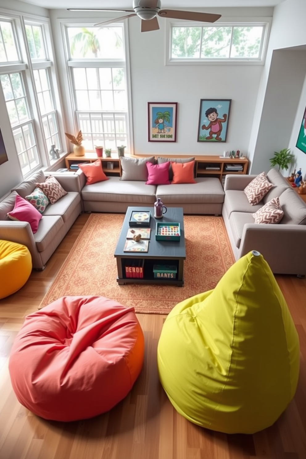 A vibrant summer game room features a sleek sectional sofa that can be converted into a bed for guests. In the center, a stylish coffee table doubles as a storage unit for board games and accessories. Brightly colored bean bags provide additional seating and can be easily moved around for flexibility. The walls are adorned with playful artwork, and large windows allow natural light to flood the space, enhancing the cheerful atmosphere.