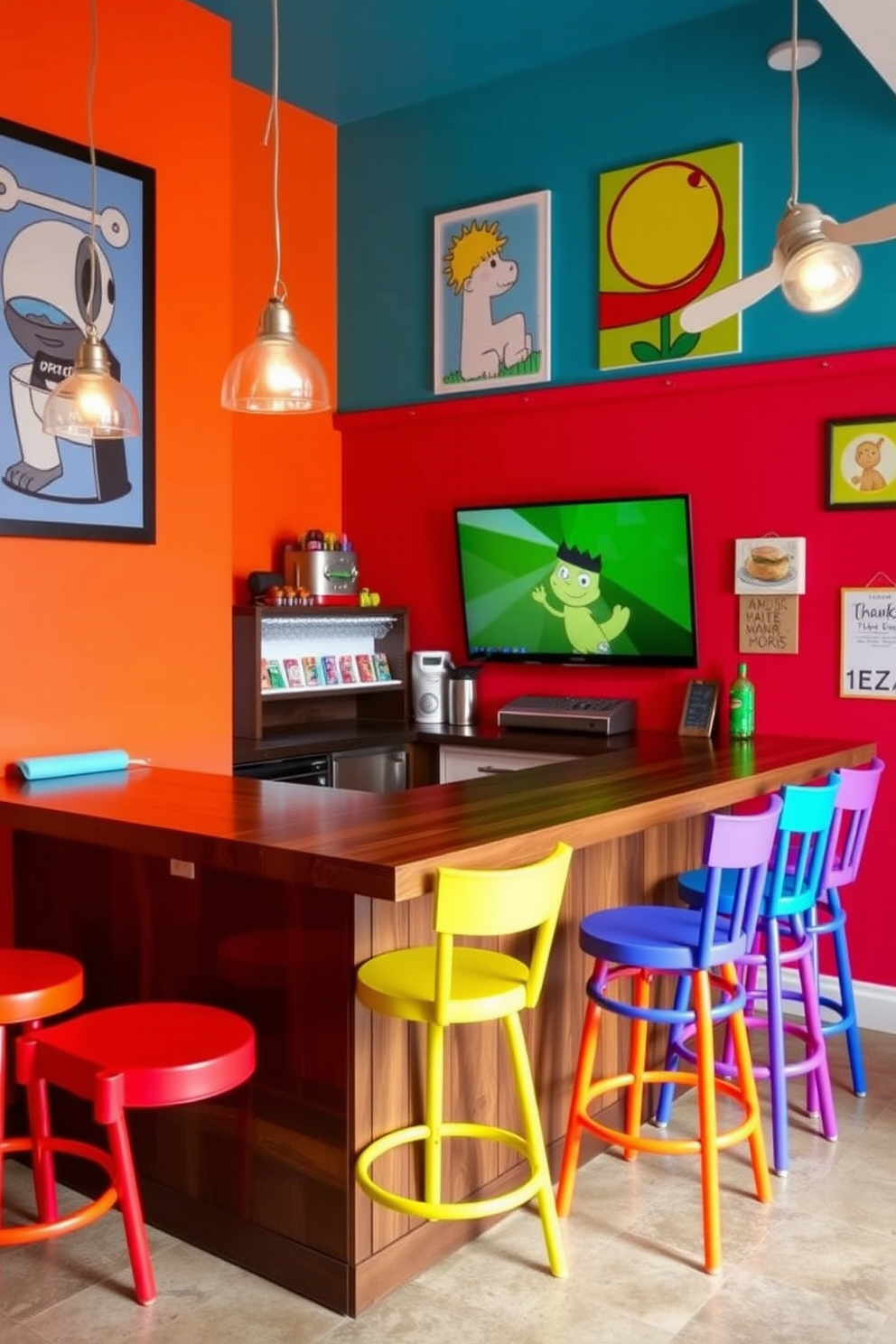 Create a vibrant snack bar area designed for a summer game room. The bar features a sleek wooden countertop with colorful bar stools arranged on one side, providing a casual and inviting atmosphere. Brightly colored walls adorned with playful artwork set the tone for fun and relaxation. Soft lighting fixtures hang above the bar, creating a warm glow that complements the lively decor.