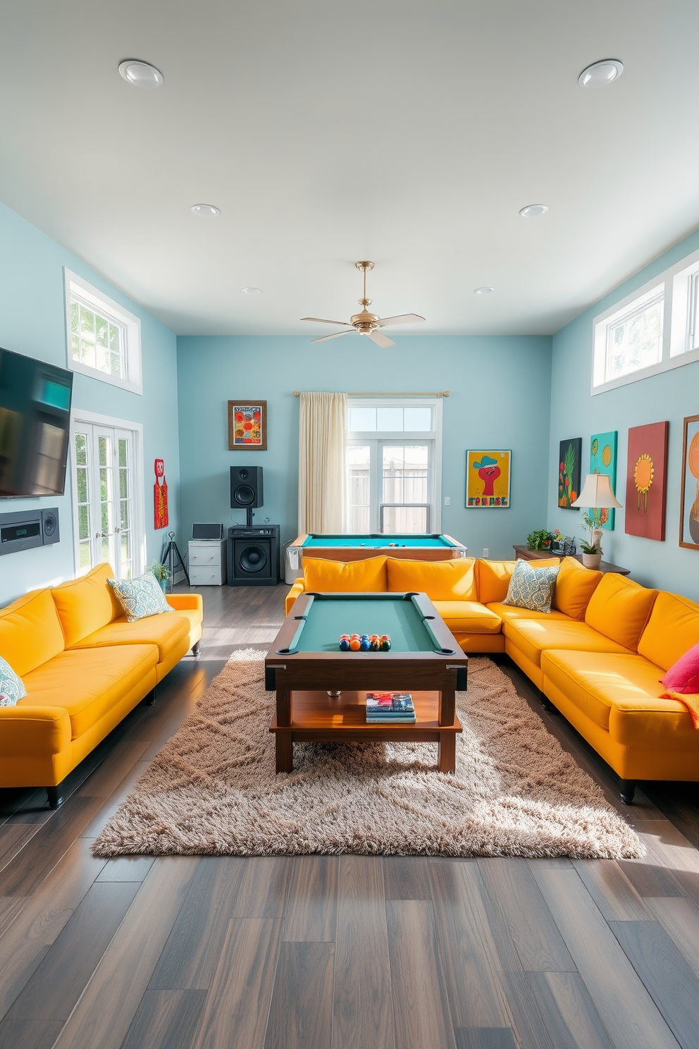 A vibrant summer game room filled with natural light. The room features a large sectional sofa in a bright color, surrounded by a coffee table and a plush area rug. On one side, a sleek sound system is integrated into the wall, providing high-quality audio for music and entertainment. A pool table sits in the center of the room, complemented by colorful wall art and playful decor that reflects a fun, relaxed atmosphere.