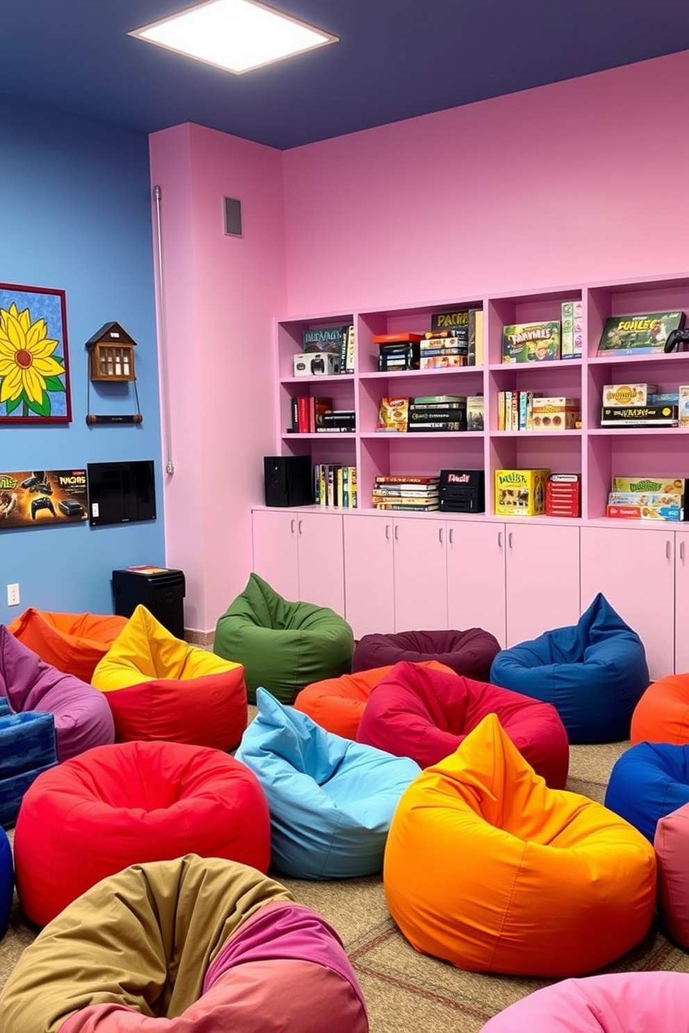 A vibrant game room filled with colorful bean bags in various shapes and sizes offers a playful and inviting atmosphere. The walls are adorned with bright artwork and shelves filled with board games and gaming consoles, creating an ideal space for relaxation and fun.