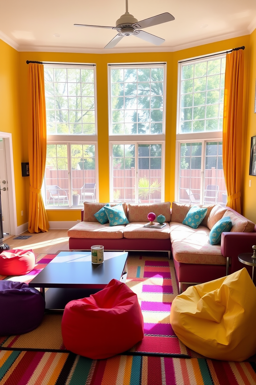 A vibrant game room filled with fun and relaxation. The walls are painted in a cheerful yellow hue, and bright curtains frame the large windows, allowing ample natural light to flood the space. A plush sectional sofa in a playful pattern is positioned around a sleek coffee table. Colorful bean bags and a multi-colored rug add to the lively atmosphere, creating an inviting space for summer gatherings.