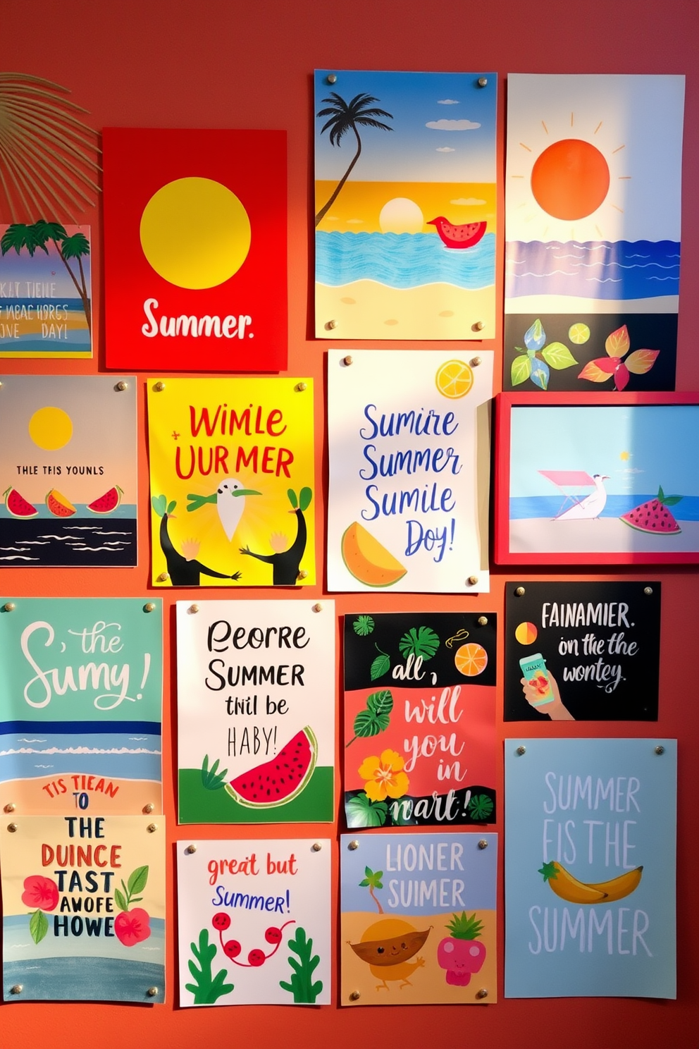 Create a vibrant photo wall that showcases a collection of colorful posters featuring summer-themed artwork. The wall is adorned with playful designs such as beach scenes, tropical fruits, and fun quotes that evoke a sense of relaxation and joy.