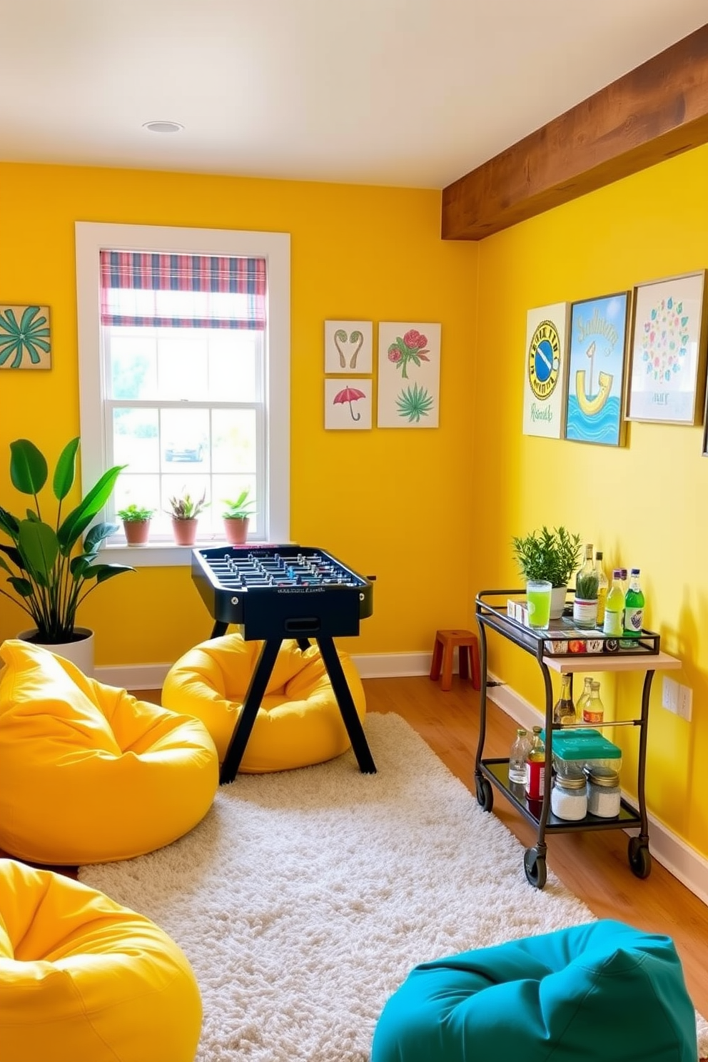 A vibrant summer game room featuring a foosball table positioned near a large window that allows natural light to flood the space. The walls are painted in a cheerful yellow hue, complemented by colorful bean bag chairs and a plush rug that adds comfort to the room. In one corner, a small bar cart is stocked with refreshing beverages and snacks for entertaining guests. Decorative wall art showcasing summer themes adds a playful touch, while potted plants bring a sense of freshness to the overall atmosphere.