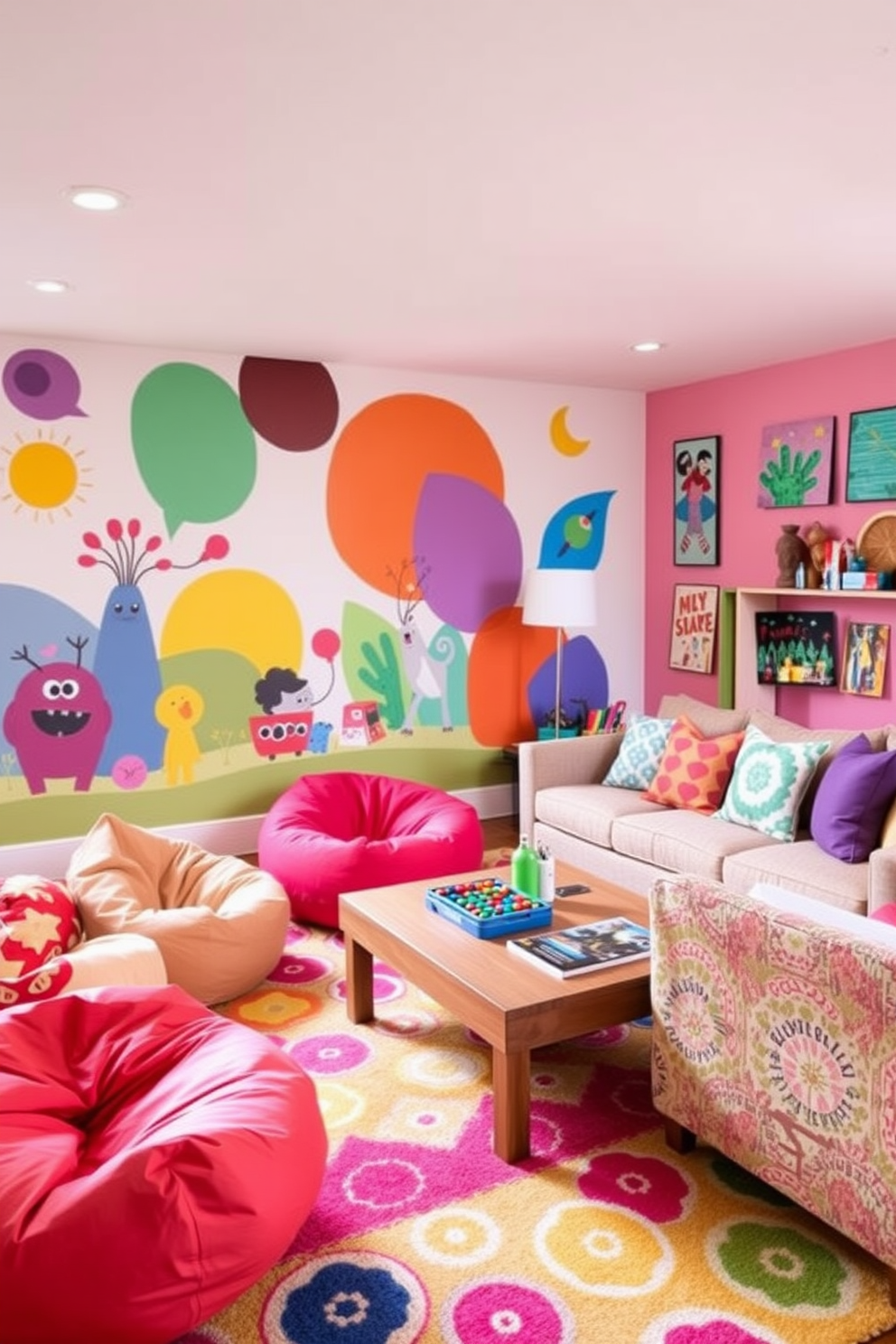 Create a vibrant summer game room filled with playful artwork that sparks creativity. Include a large mural on one wall featuring colorful abstract shapes and whimsical characters that invite fun and imagination. Incorporate a mix of comfortable seating options such as bean bags and a cozy sectional sofa. Add a bright rug with playful patterns to define the space and provide a cheerful atmosphere for games and relaxation.