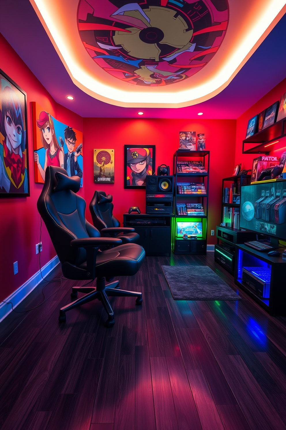 A vibrant game room designed for relaxation and fun. The space features a comfortable gaming chair with ergonomic support, surrounded by colorful wall art and ambient lighting. The flooring is a sleek dark laminate, providing a modern touch. A large gaming console sits against one wall, with shelves displaying an array of games and collectibles.