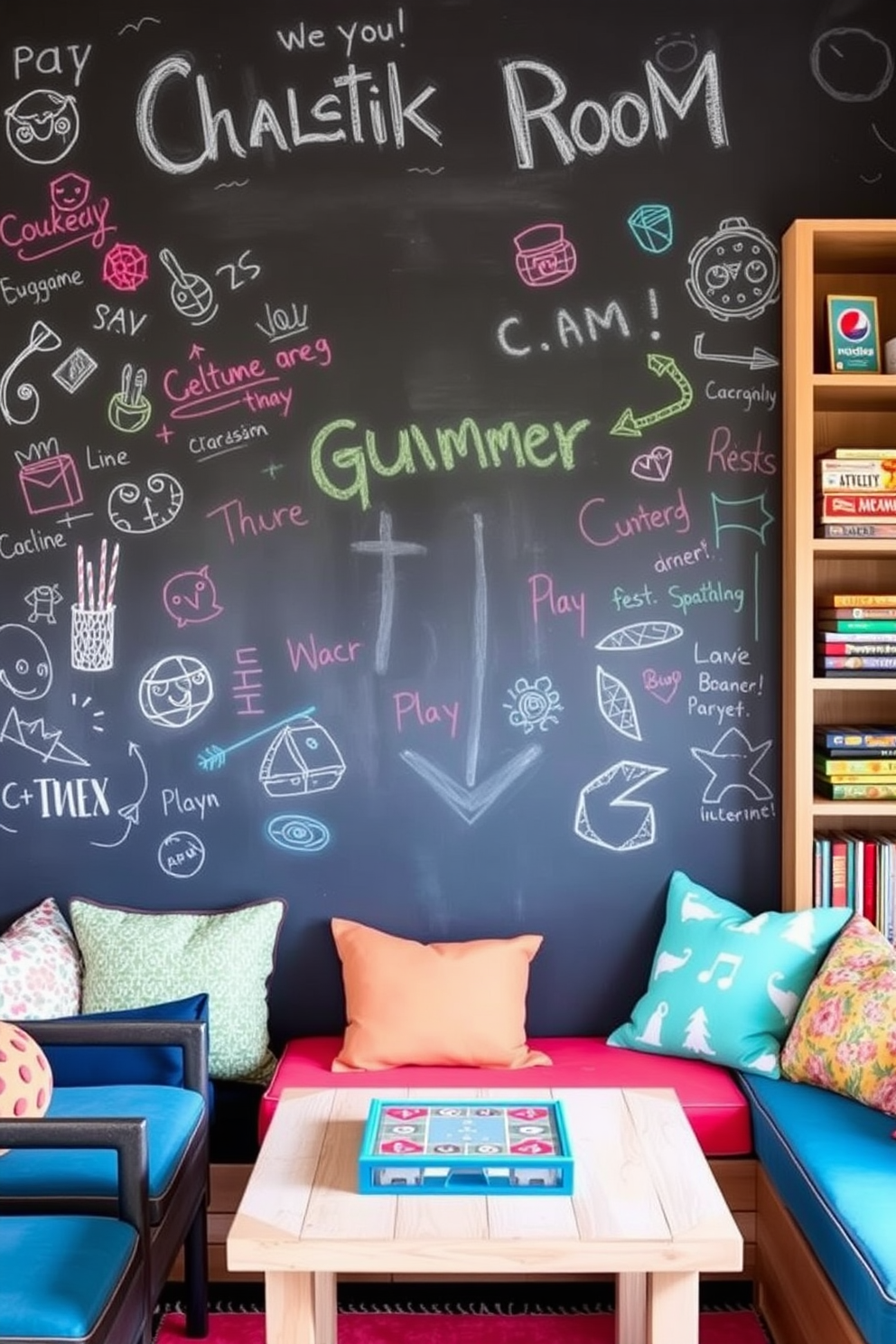 Create a chalkboard wall that invites creativity and fun. The wall is filled with colorful doodles and playful designs, creating an interactive space for all ages. Incorporate comfortable seating with vibrant cushions and playful patterns. Add game tables and shelves stocked with board games to enhance the summer game room vibe.