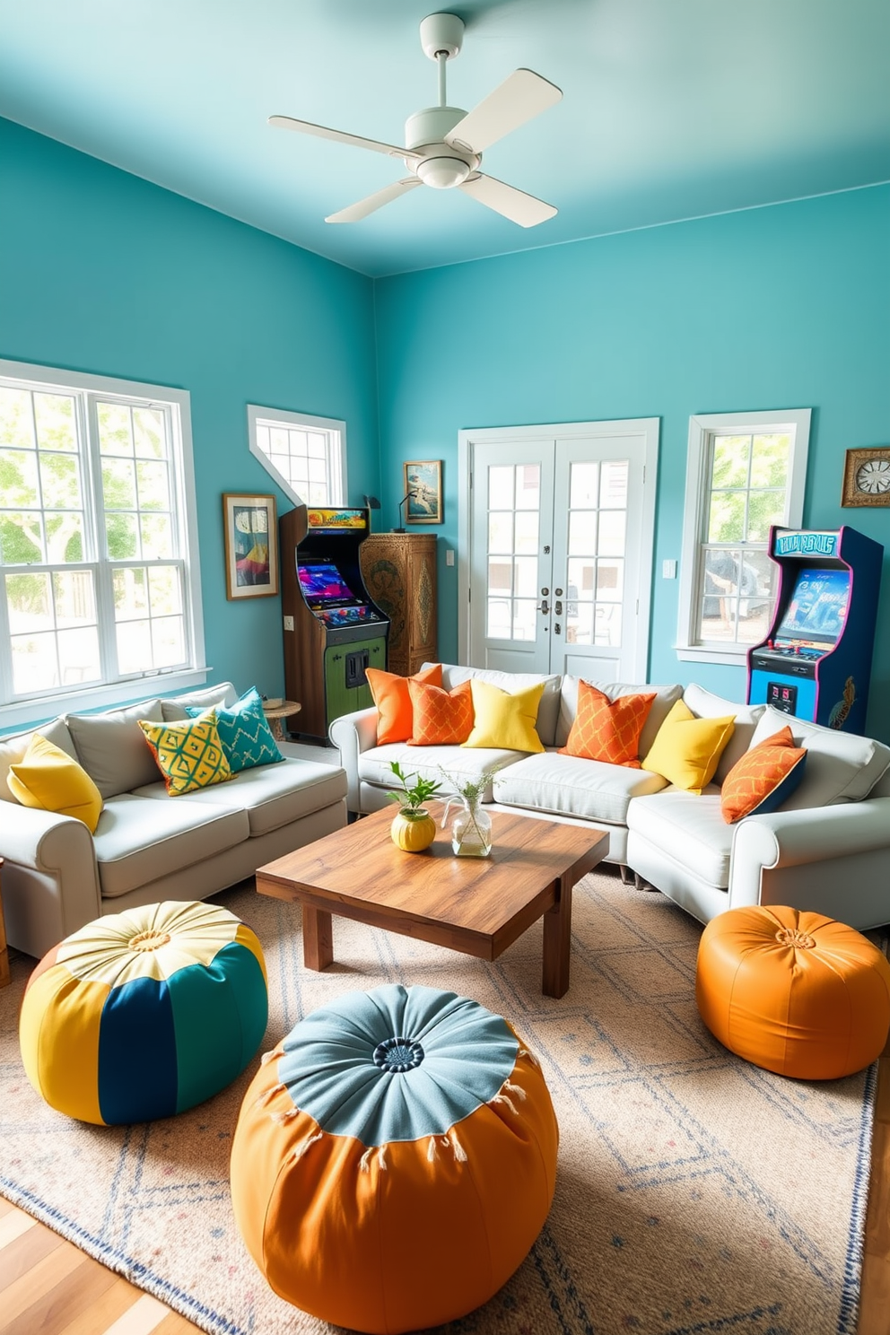 A lively summer game room filled with natural light. The walls are painted in a soft blue hue, creating a refreshing atmosphere. A plush sectional sofa is adorned with vibrant throw pillows in shades of yellow, orange, and teal, adding playful color accents. A large coffee table made of reclaimed wood sits in the center, surrounded by a few colorful poufs for additional seating. In one corner, a classic arcade game machine invites fun and nostalgia. The room is completed with a stylish rug that ties the color scheme together, enhancing the inviting vibe.