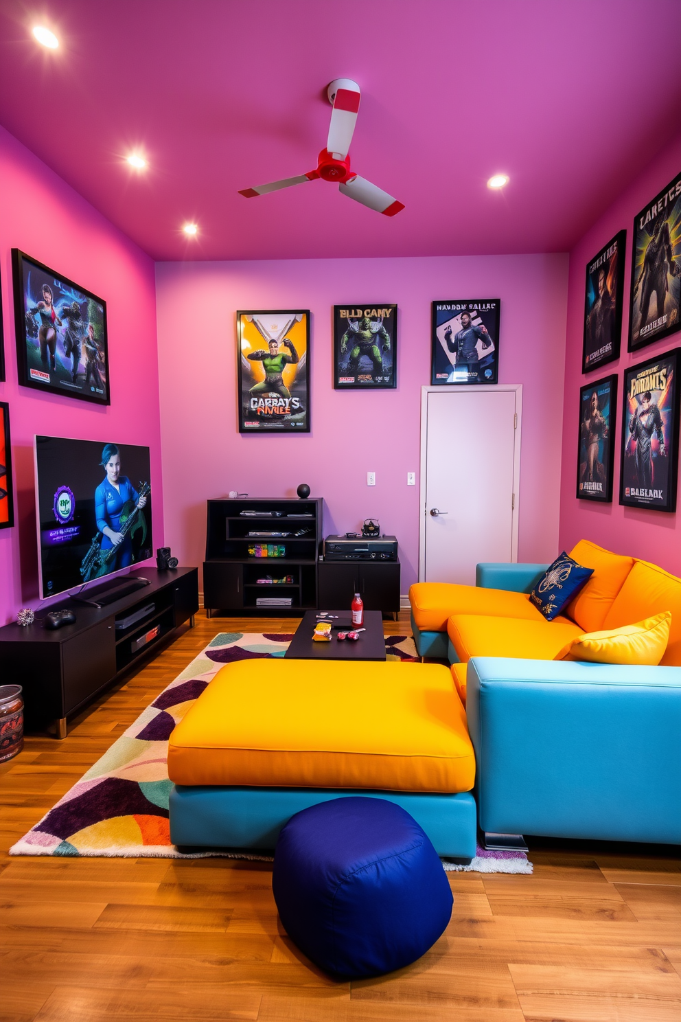 A vibrant game room designed for relaxation and entertainment. The space features a large sectional sofa in a playful color, facing a sleek entertainment unit that houses a gaming console and a large flat-screen TV. The walls are adorned with framed posters of popular video games, creating an immersive atmosphere. A colorful area rug anchors the seating area, while a small coffee table holds snacks and drinks for gaming sessions.