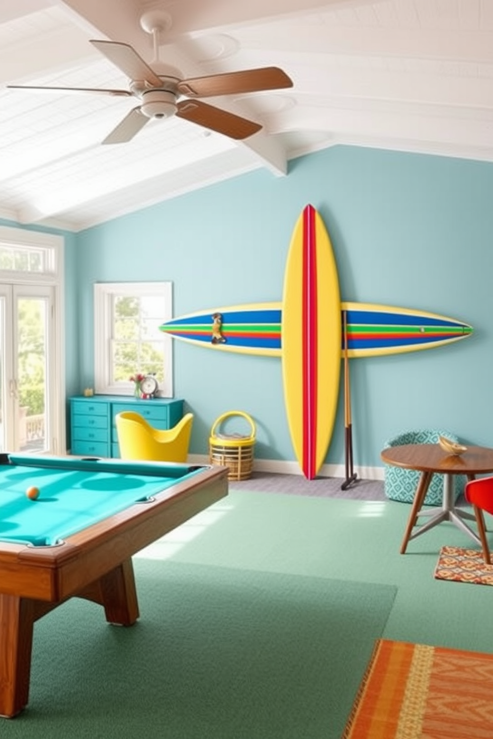 A vibrant game room filled with natural light features a surfboard mounted on the wall as a striking focal point. The room is adorned with bright colors and playful patterns, creating a relaxed and inviting atmosphere perfect for summer gatherings.