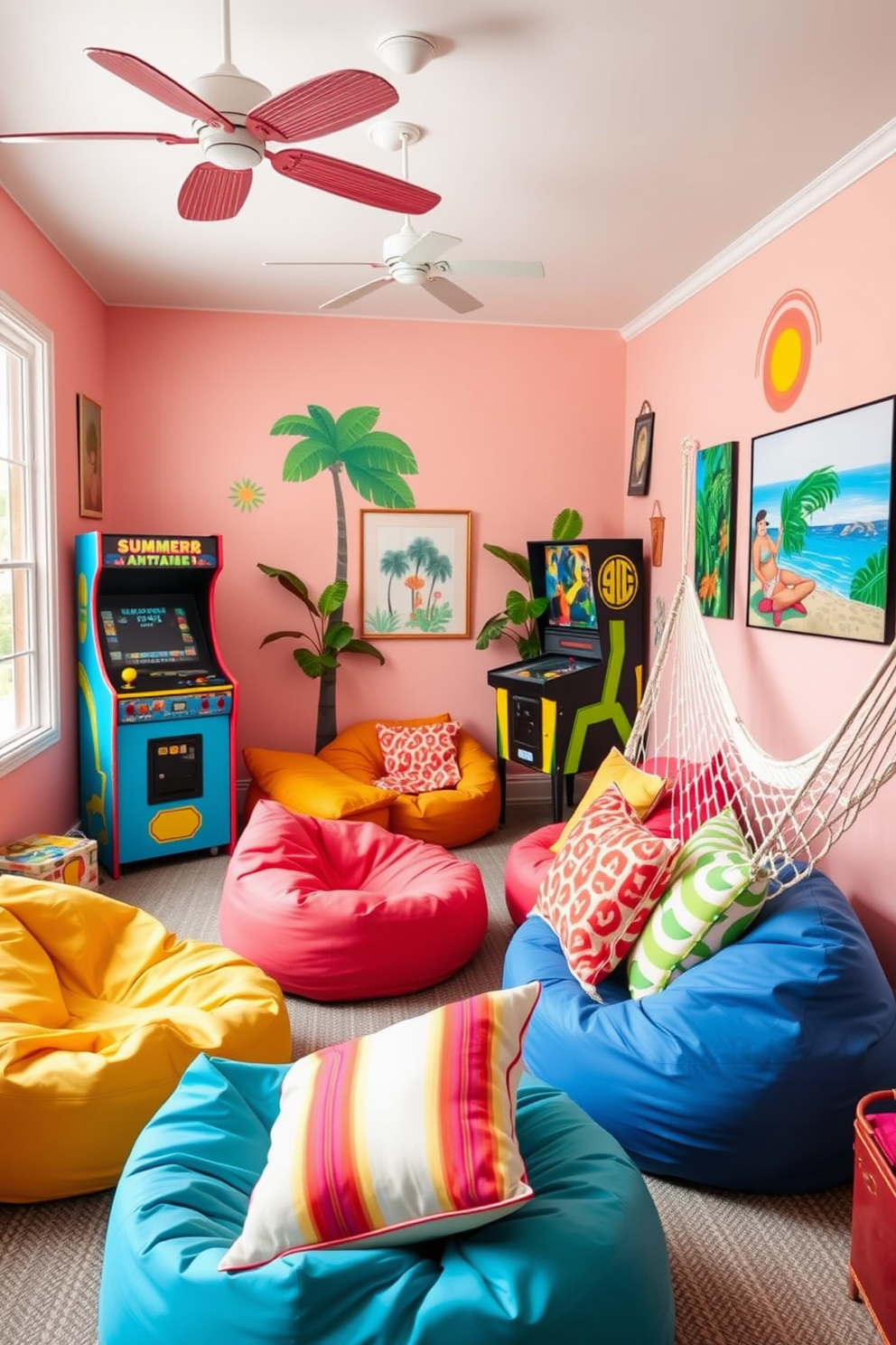 A vibrant summer game room filled with playful decor. In one corner, a retro arcade machine stands proudly, surrounded by colorful bean bags and a vintage pinball machine. The walls are adorned with bright, tropical-themed artwork that evokes a sense of fun and relaxation. A large window allows natural light to flood the space, highlighting a cozy seating area with a hammock and cheerful throw pillows.