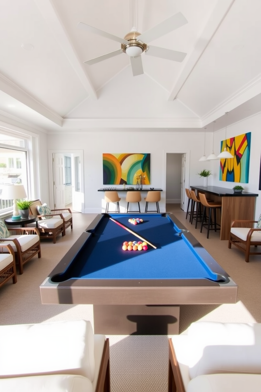 A stylish summer game room featuring a sleek pool table as the centerpiece. Surrounding the table are comfortable lounge chairs and a small bar area with high stools, perfect for entertaining guests. The walls are painted in a light, airy color, complemented by vibrant artwork that adds a pop of color. Large windows allow natural light to flood the space, enhancing the relaxed and inviting atmosphere.