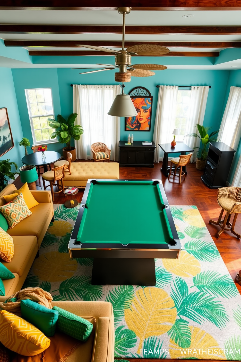 A vibrant game room filled with tropical-themed decor that exudes summer vibes. Brightly colored cushions and throw pillows in shades of green and yellow decorate a large sectional sofa, while palm leaf patterns adorn the area rug. A sleek pool table takes center stage, surrounded by bar stools with rattan accents. Walls are painted in a soft aqua blue, and large windows let in natural light, framed by sheer white curtains that flutter in the breeze.