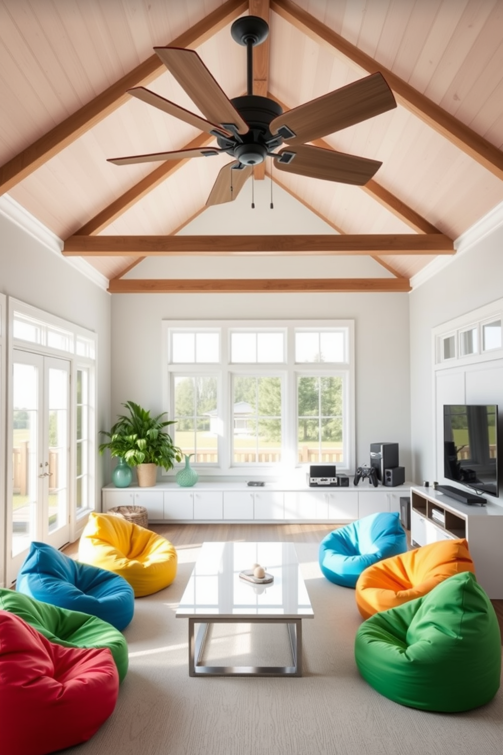 A vibrant summer game room filled with natural light. The space features a large ceiling fan with wooden blades, providing a refreshing breeze to keep the room comfortable. Colorful bean bag chairs are scattered around a sleek coffee table, creating a relaxed seating area. A wall-mounted game console and a large flat-screen TV serve as the focal point for entertainment.