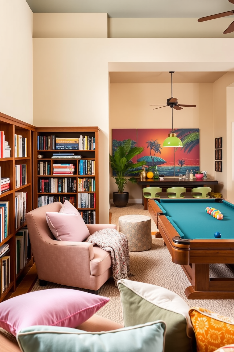 Create a cozy reading nook with oversized cushions in soft pastel colors. A plush armchair is positioned next to a tall bookshelf filled with an array of books, while a warm throw blanket is draped over the armrest. Design a vibrant summer game room featuring a large pool table and bright, playful decor. The walls are adorned with tropical-themed artwork, and comfortable seating is arranged around a refreshing beverage station.