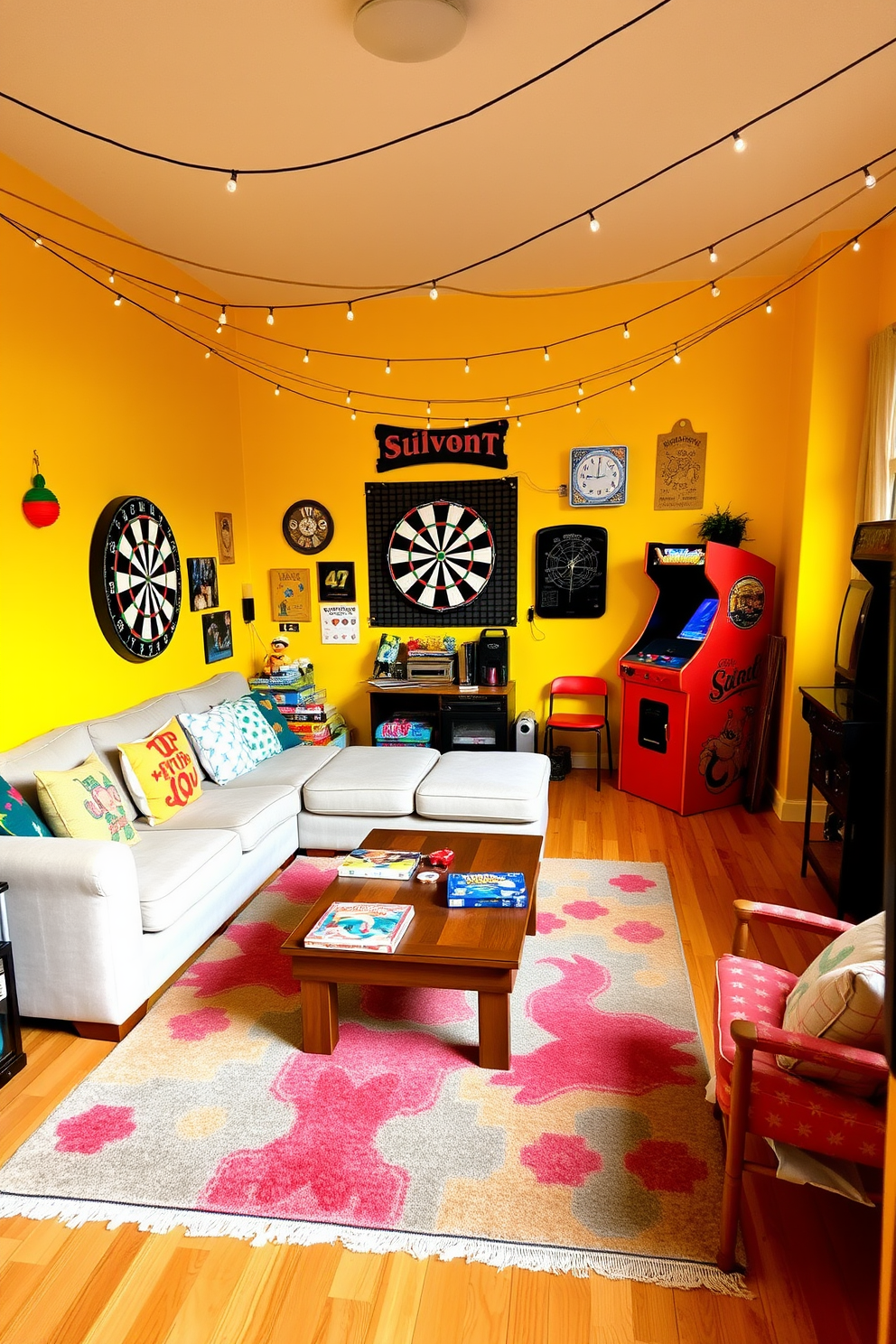 A vibrant summer game room filled with fun and leisure. The walls are painted in a bright yellow hue, and the floor is covered with a soft, colorful area rug. In one corner, a cozy seating area features a large sectional sofa adorned with playful cushions. A wooden coffee table sits in the center, surrounded by board games and magazines for entertainment. String lights are hung across the ceiling, creating a whimsical atmosphere. A dartboard and a vintage arcade machine are positioned on one side, inviting friendly competition.