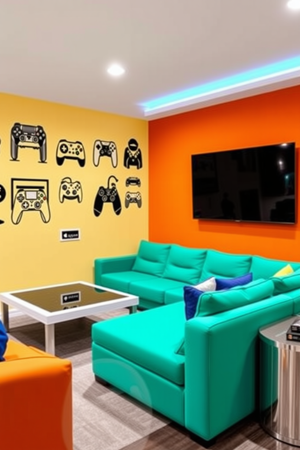 Create a vibrant game room that showcases wall decals of favorite video games. The room features a comfortable sectional sofa in a bold color, complemented by a sleek coffee table and a large flat-screen TV mounted on the wall.