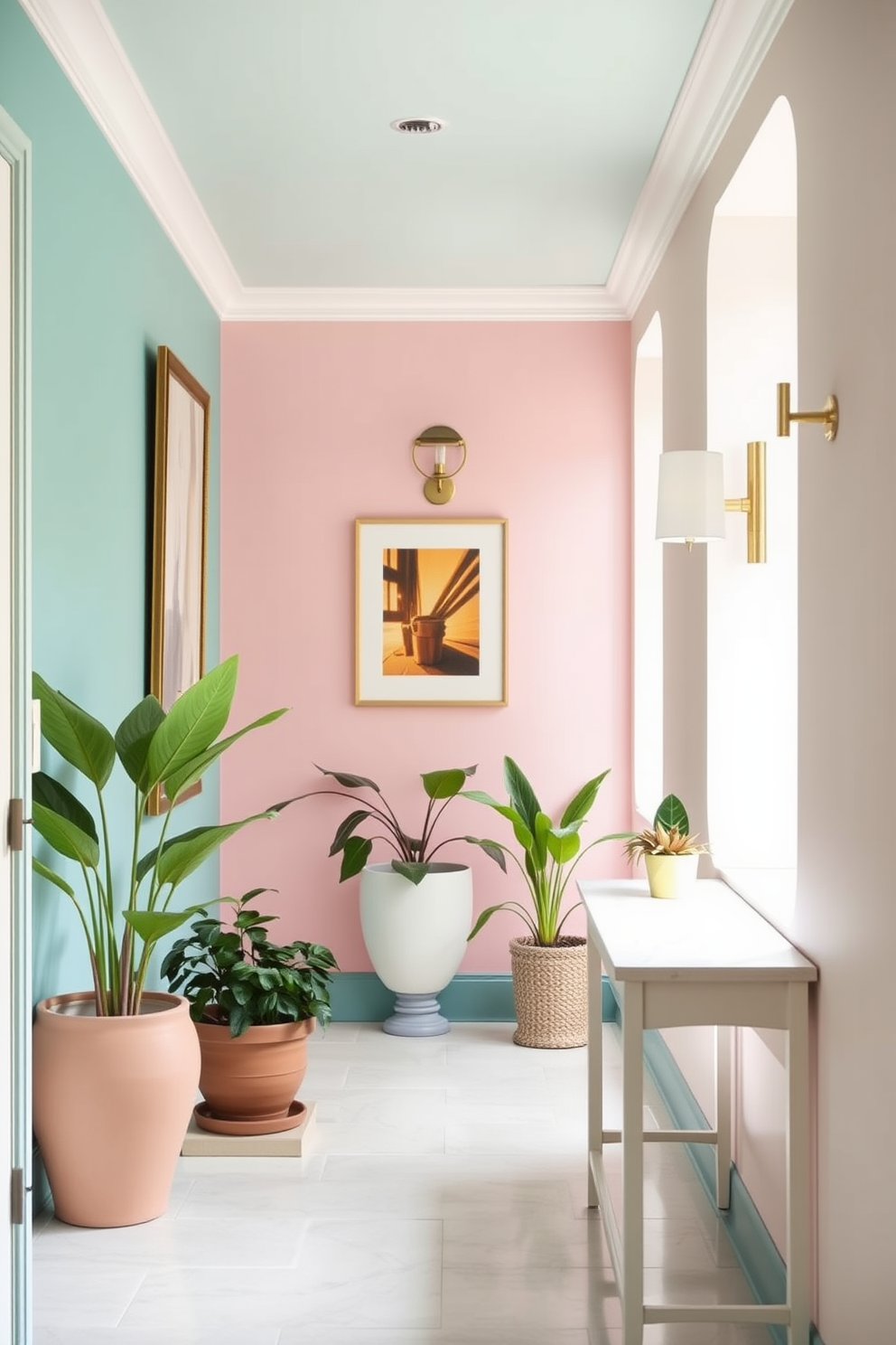 Brighten your hallway with soft pastel wall colors that create a cheerful and inviting atmosphere. Incorporate decorative elements like framed artwork and stylish lighting fixtures to enhance the summer vibe. Add a touch of greenery with potted plants placed strategically along the hallway. Use light-colored furniture or accents to complement the pastel tones and maintain a fresh, airy feel.