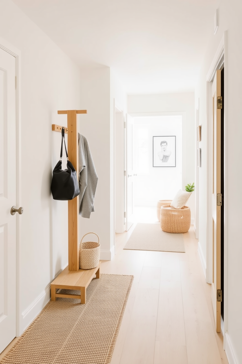 A bright and airy hallway features a stylish coat rack made of natural wood, showcasing a minimalist design with clean lines. The walls are painted in a soft pastel hue, and a woven rug adds warmth to the space while complementing the overall decor.