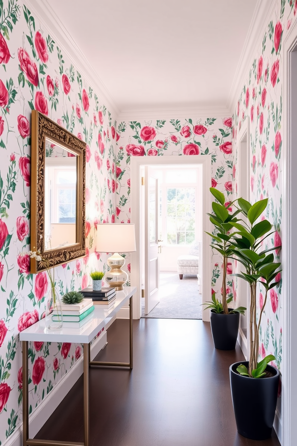 A bright and airy hallway adorned with removable wallpaper featuring a vibrant floral pattern. The walls are complemented by a sleek console table topped with a chic lamp and a few decorative books. On one side, a large mirror with a decorative frame reflects natural light, enhancing the space. Potted plants in stylish planters add a touch of greenery, creating a welcoming atmosphere.