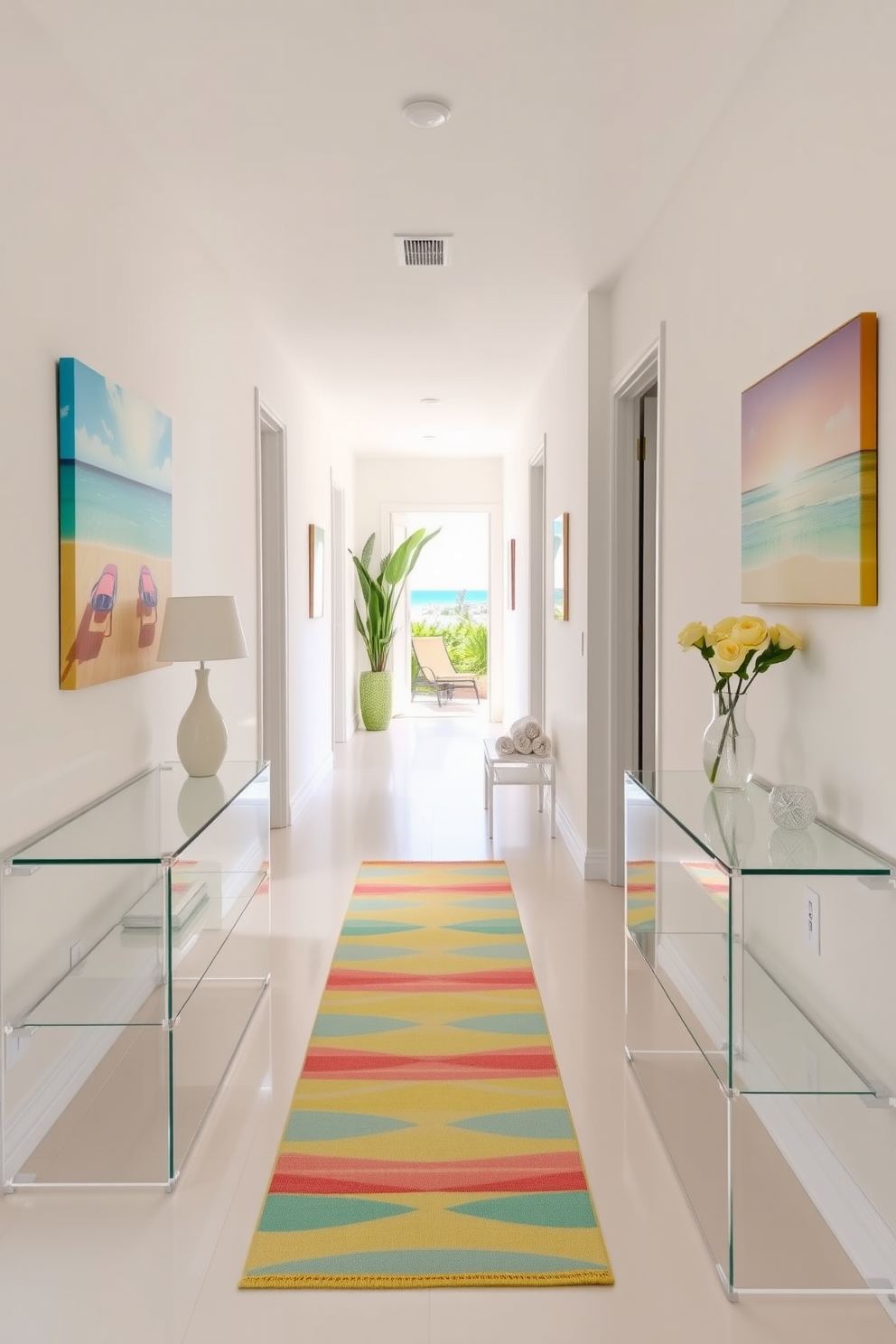 A bright and airy hallway features clear acrylic furniture that enhances the sense of space and openness. The walls are adorned with vibrant summer-themed artwork, and a runner rug in cheerful colors adds a refreshing touch to the floor.