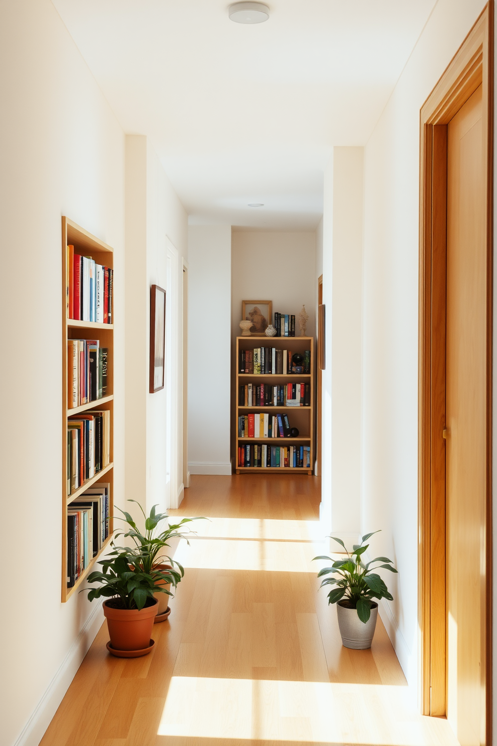 A bright and airy hallway adorned with light-colored walls and warm wooden flooring. Along one side, a small bookshelf filled with an assortment of colorful books invites leisurely reading. Decorative potted plants are placed on the floor beside the bookshelf, adding a touch of greenery. Soft, diffused lighting from an overhead fixture creates a welcoming ambiance throughout the space.