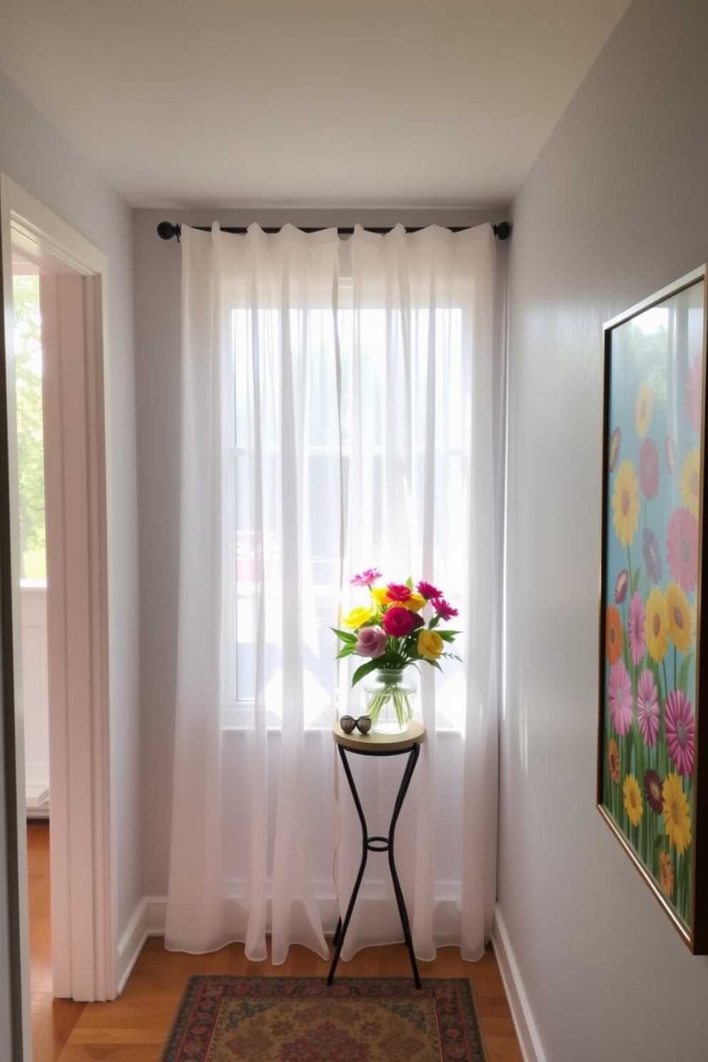 Hang sheer curtains to allow soft light to filter through the space, creating an inviting atmosphere. Adorn the hallway with vibrant summer-themed decor, such as floral artwork and colorful accents.