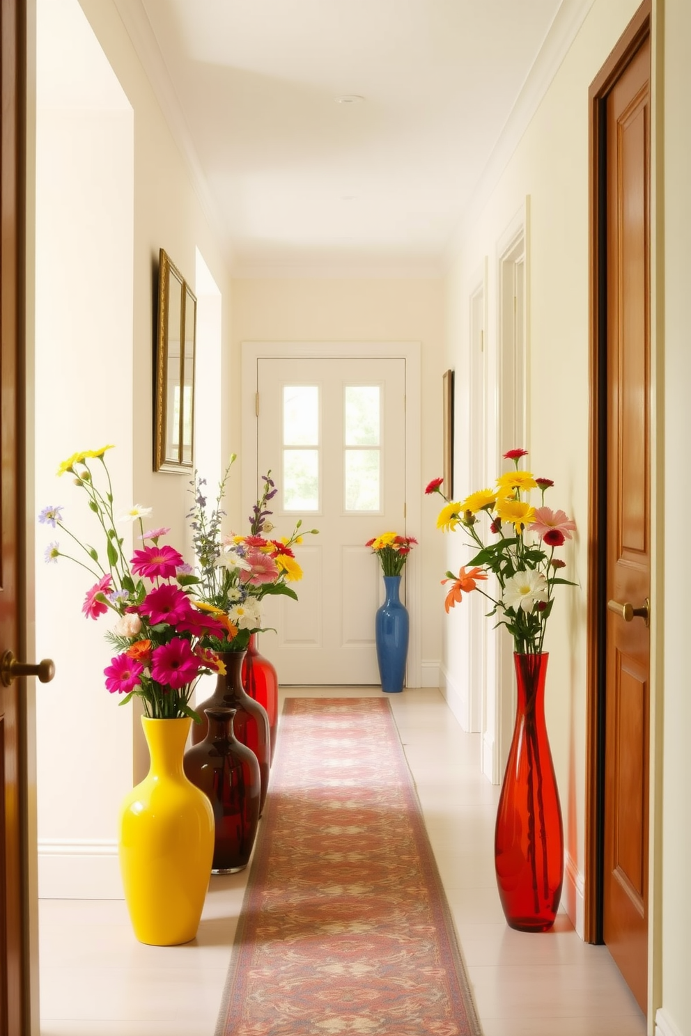 A bright and inviting hallway adorned with colorful vases filled with fresh flowers. The walls are painted in a soft pastel hue, and a stylish runner rug adds warmth to the space.