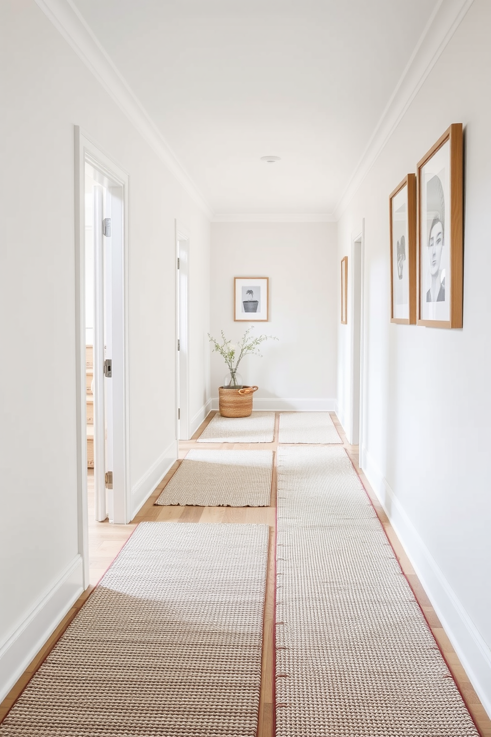 A bright and airy hallway adorned with light woven rugs that add texture and warmth to the space. The walls are painted in a soft pastel hue, complemented by framed artwork that brings a touch of personality to the decor.