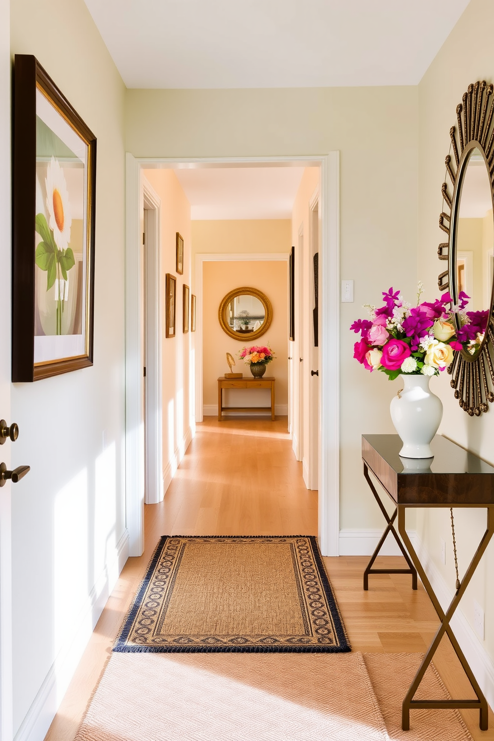 Create a welcoming entryway with a soft, textured mat that invites guests to step inside. The walls are painted in a light pastel hue, adorned with framed artwork that reflects a cheerful summer theme. In the hallway, incorporate vibrant floral accents such as a bouquet in a ceramic vase on a console table. Use decorative mirrors to enhance light and create an illusion of space while adding a touch of elegance.