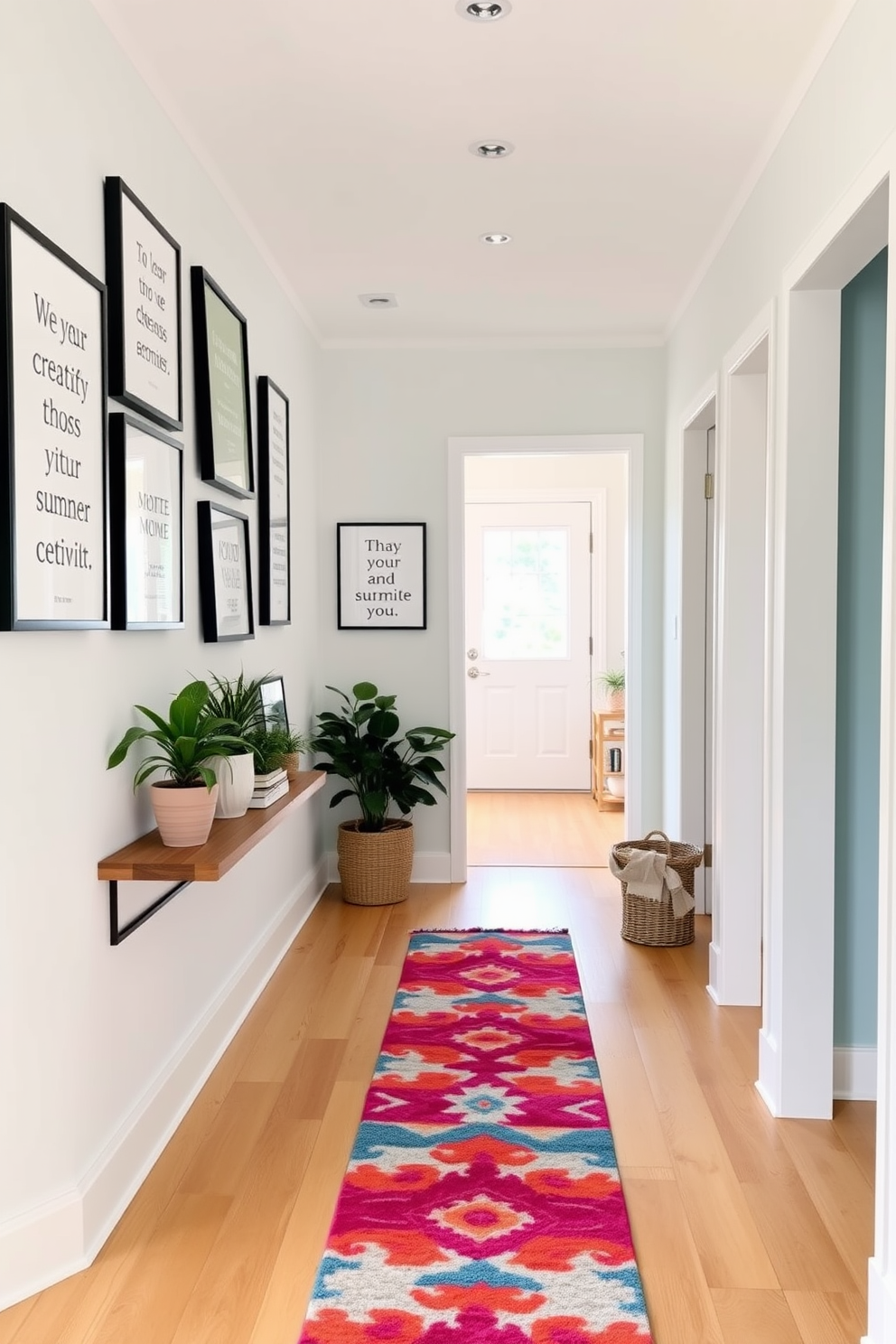 A bright and airy hallway adorned with framed inspirational quotes that encourage creativity and positivity. The walls are painted in a soft pastel hue, and the floor features light hardwood that enhances the spacious feel. Stylish wooden shelves are mounted on one side, displaying potted plants and decorative books. A plush runner rug in vibrant colors adds warmth and a touch of summer charm to the space.