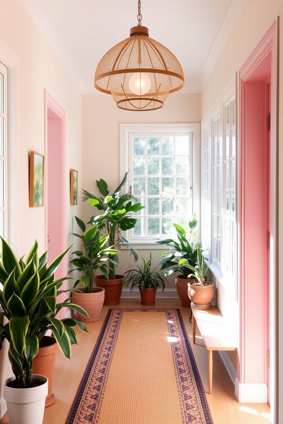 A bright and airy summer hallway featuring a statement light fixture that serves as a focal point. The walls are painted in a soft pastel hue, complemented by a runner rug that adds warmth and texture to the space. Natural light floods in through large windows, creating a welcoming atmosphere. Potted plants line the hallway, bringing a touch of nature indoors and enhancing the summer vibe.