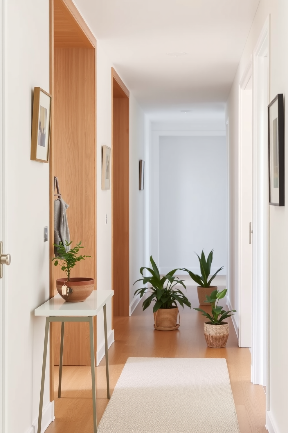 A bright and airy hallway adorned with light pastel walls and natural wood accents. A small side table with a sleek design is positioned against the wall, holding essential items like keys and a decorative bowl. The floor is covered with a soft, neutral-colored runner that adds warmth to the space. Potted plants are placed strategically along the hallway, bringing a touch of greenery and life to the decor.