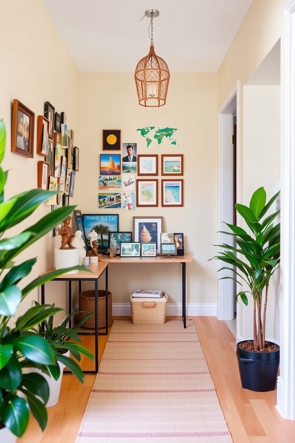 A bright and inviting hallway adorned with travel souvenirs collected from around the world. Colorful postcards, small sculptures, and framed photographs are arranged on a narrow console table against a soft beige wall. The floor is covered with a light, woven runner that adds warmth to the space. Lush green plants are placed in the corners, bringing a touch of nature and freshness to the summer-inspired decor.