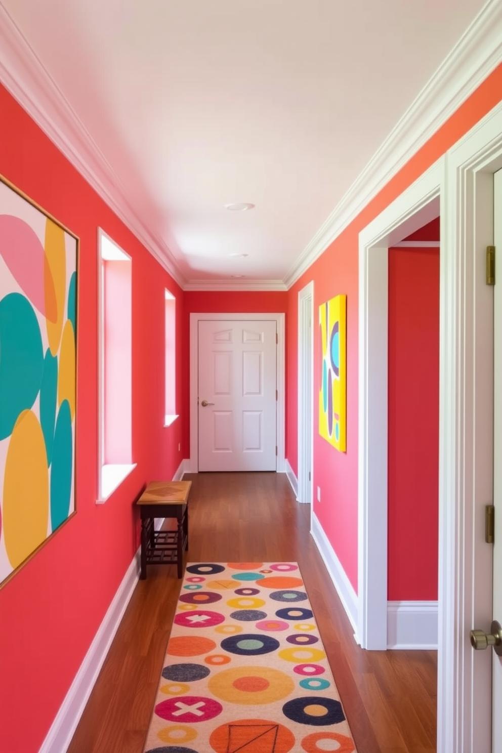 A vibrant and cheerful hallway that embraces a fun color scheme. The walls are painted in a bright coral hue, while the ceiling is a crisp white, creating a lively contrast. Colorful artwork adorns the walls, featuring playful abstract designs in shades of teal, yellow, and pink. A whimsical runner rug in bold patterns lines the floor, adding texture and warmth to the space.