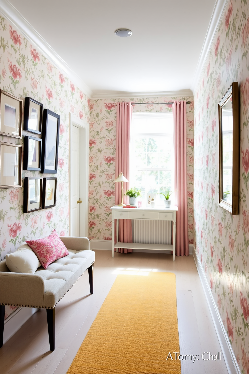 A bright and airy hallway adorned with patterned wallpaper featuring a floral design in soft pastel colors. The space is illuminated by natural light streaming through a large window, highlighting a narrow console table topped with decorative items and a small potted plant. To the left, a collection of framed artwork adds a personal touch, while a stylish runner rug in complementary colors leads the way. A comfortable bench with plush cushions invites guests to pause and enjoy the vibrant decor.