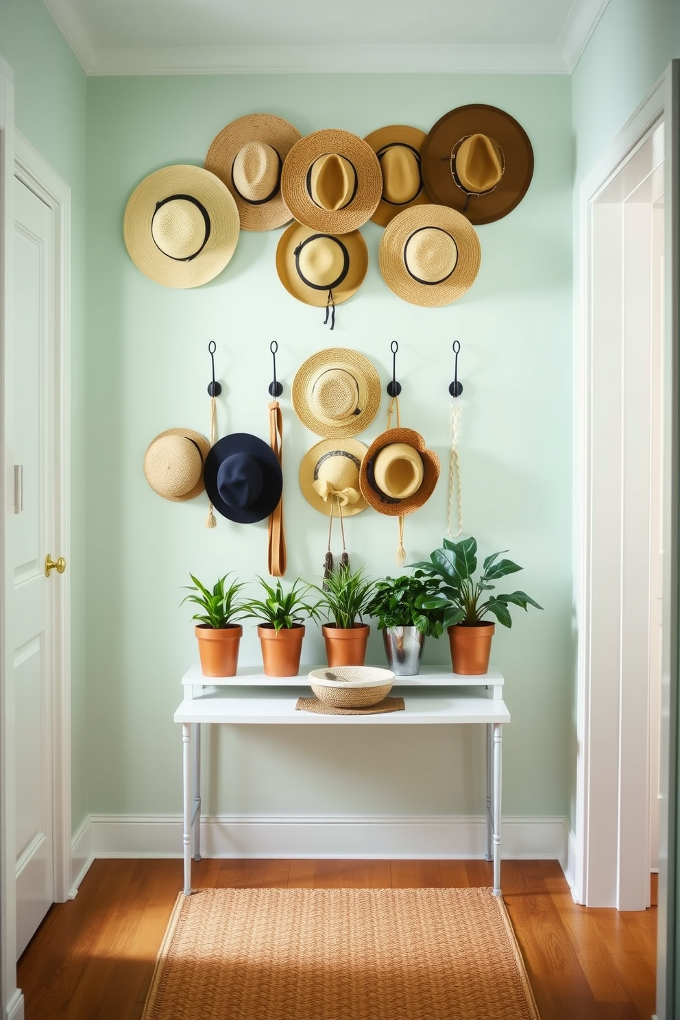 A bright and airy hallway adorned with decorative hooks showcasing a variety of stylish hats. The walls are painted in a light pastel color, creating a cheerful atmosphere that invites guests to explore. Beneath the hooks, a narrow console table holds a few potted plants and a decorative bowl for keys. A woven runner adds texture to the wooden floor, enhancing the summer vibe of the space.