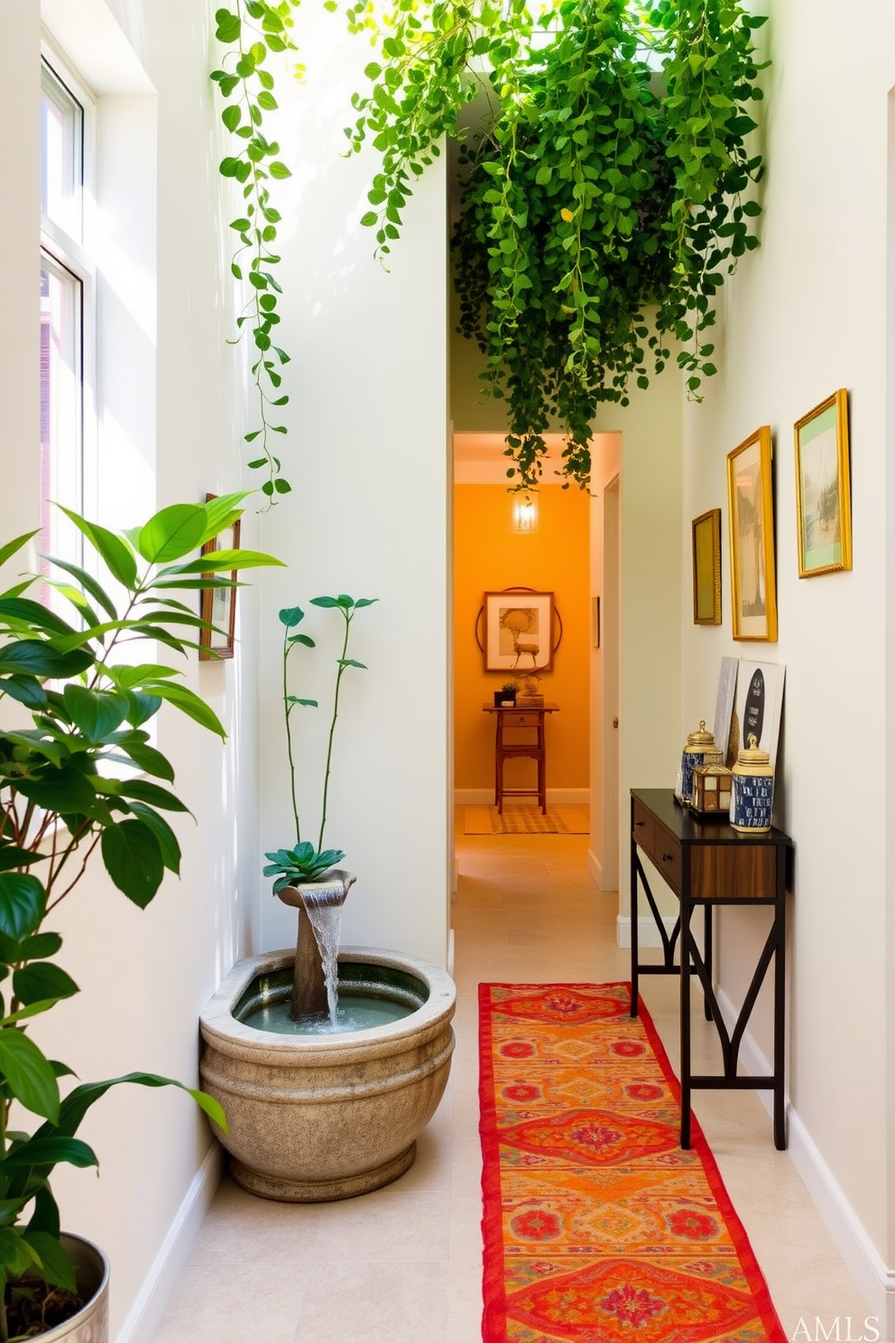 A bright and airy hallway adorned with fresh greenery and natural light. The walls are painted in soft pastel hues, and a small indoor fountain gently trickles water, creating a serene atmosphere. Stylish wall art and framed photographs line the corridor, adding a personal touch. A narrow console table sits against one wall, decorated with decorative objects and a vibrant runner that complements the overall color scheme.