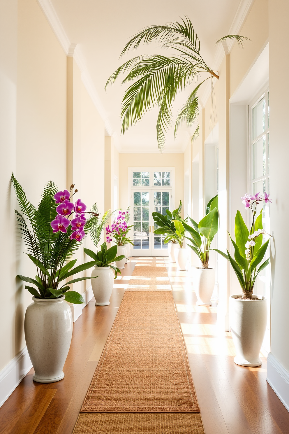 A bright and airy hallway adorned with tropical plant arrangements. Lush green ferns and vibrant orchids are placed in elegant ceramic pots along the sides, creating a refreshing atmosphere. The walls are painted in a soft cream color, enhancing the natural light that floods the space. A woven runner rug with a subtle pattern adds warmth and texture to the wooden floor, inviting guests to explore further.