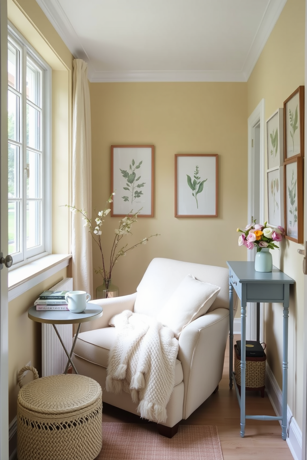 Create a cozy reading nook with a plush armchair in a soft pastel color positioned next to a large window that lets in natural light. A small side table holds a steaming cup of tea and a stack of books, while a fluffy throw blanket drapes over the armchair inviting relaxation. For summer hallway decorating ideas, use light and airy colors such as pale yellow and soft blue to create a refreshing atmosphere. Adorn the walls with framed botanical prints and place a narrow console table topped with a vase of fresh flowers to enhance the seasonal vibe.