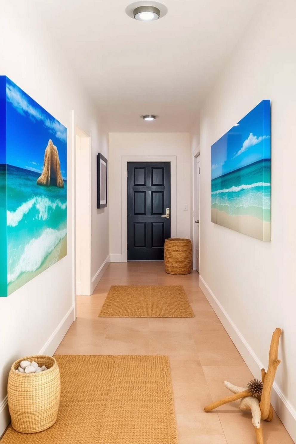 Create a bright and airy hallway that captures the essence of summer. The walls are adorned with beach-themed artwork featuring vibrant colors and serene ocean scenes. Incorporate soft, sandy tones for the flooring and use natural materials like jute for area rugs. Add decorative elements like seashells and driftwood accents to enhance the coastal vibe.