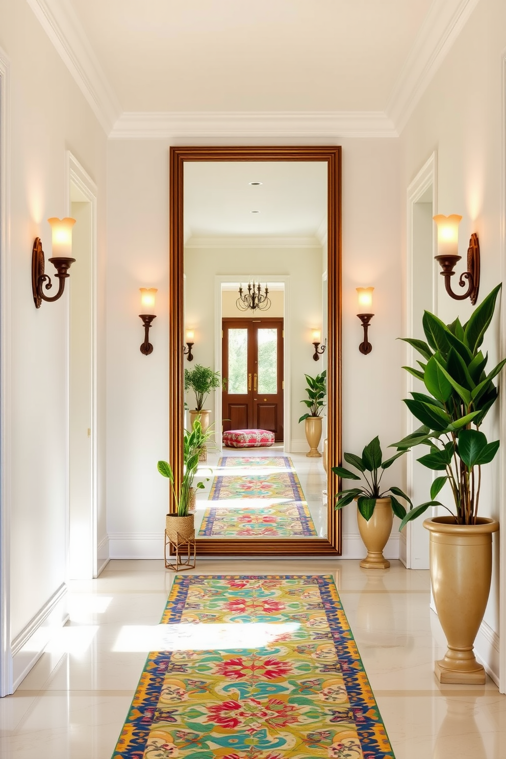 A spacious hallway adorned with a large, elegantly framed mirror that reflects natural light and creates a sense of depth. The walls are painted in a soft, warm white, complemented by a runner rug in cheerful summer colors, adding a vibrant touch to the space. Flanking the mirror, there are stylish wall sconces that provide warm illumination, enhancing the inviting atmosphere. Potted plants in decorative planters are placed at either end of the hallway, bringing a touch of nature indoors and completing the summer decor theme.