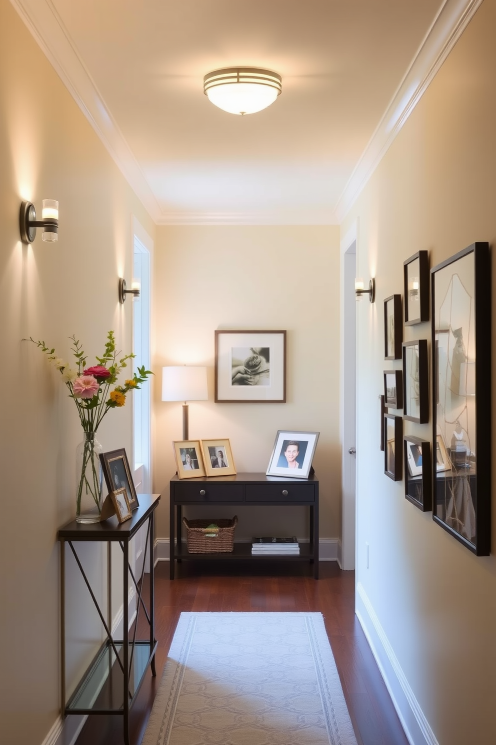 A bright and inviting hallway adorned with stylish wall sconces that provide warm ambient lighting. The walls are painted in a soft beige color, complemented by a runner rug featuring a subtle geometric pattern. On one side of the hallway, a console table showcases decorative items like a vase of fresh flowers and a few framed photographs. The opposite wall features a gallery of art pieces that add personality and charm to the space.