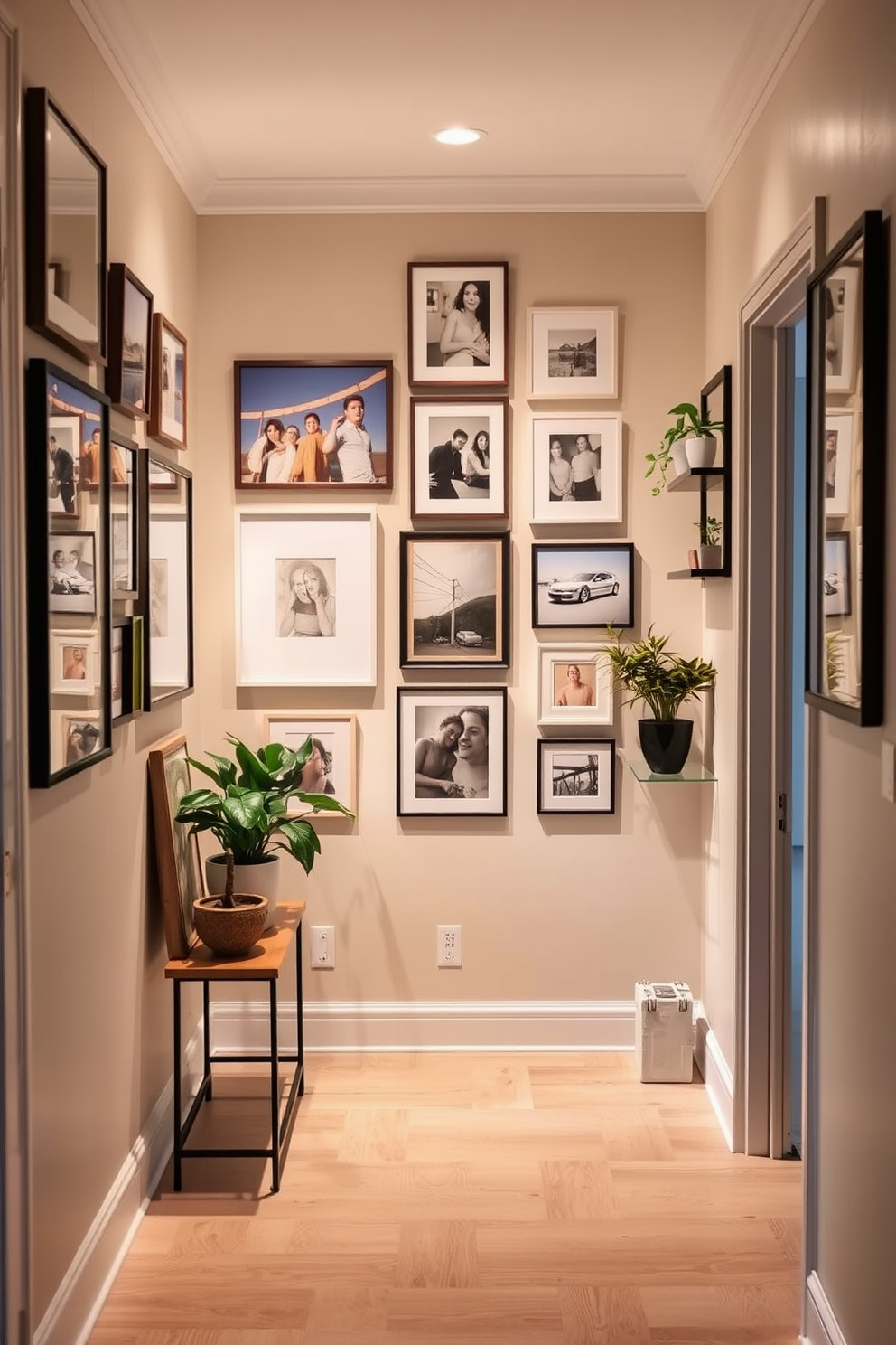 Create a gallery wall featuring a mix of framed photos and art pieces in various sizes. The wall is painted in a soft beige tone, and the floor is adorned with a light wood finish for a warm ambiance. Incorporate decorative elements such as small shelves for plants and books. Use accent lighting to highlight the artwork and create an inviting atmosphere in the summer hallway.