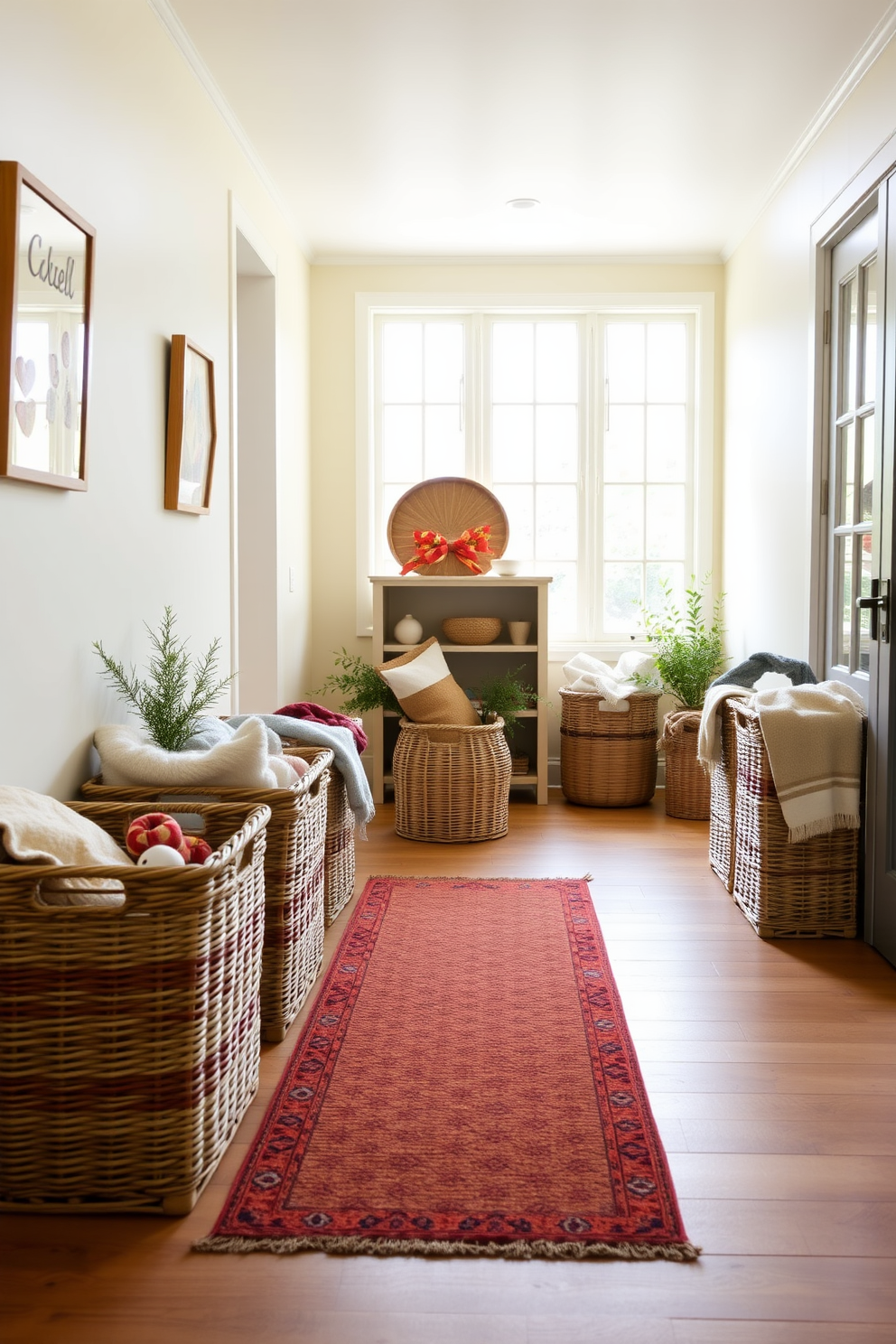 A bright and airy hallway adorned with decorative baskets for storage. The walls are painted in a soft pastel hue, and a runner rug adds warmth to the wooden floor. Natural light floods in through large windows, illuminating the space and highlighting the carefully arranged baskets. Each basket is filled with cozy blankets and seasonal decor, creating an inviting atmosphere.