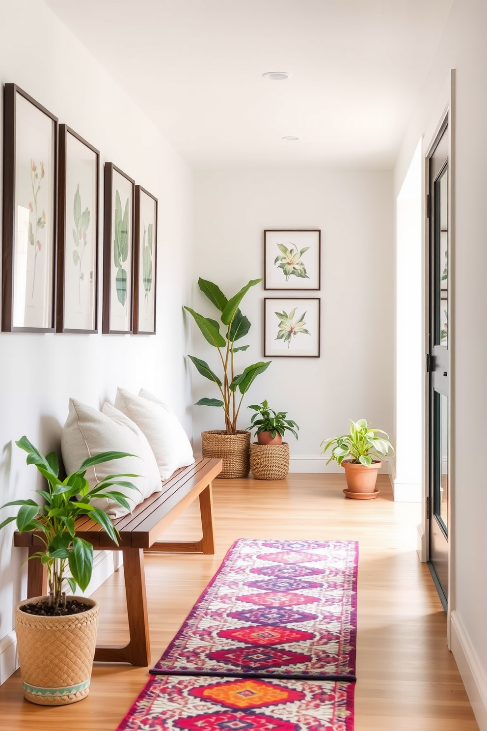 A bright and inviting hallway features a sleek wooden bench adorned with soft cushions for added comfort. The walls are painted in a light pastel hue, complemented by a series of framed botanical prints that add a touch of nature. Potted plants line the hallway, bringing life and freshness to the space. A stylish runner rug in vibrant colors adds warmth and character, guiding guests through the inviting corridor.