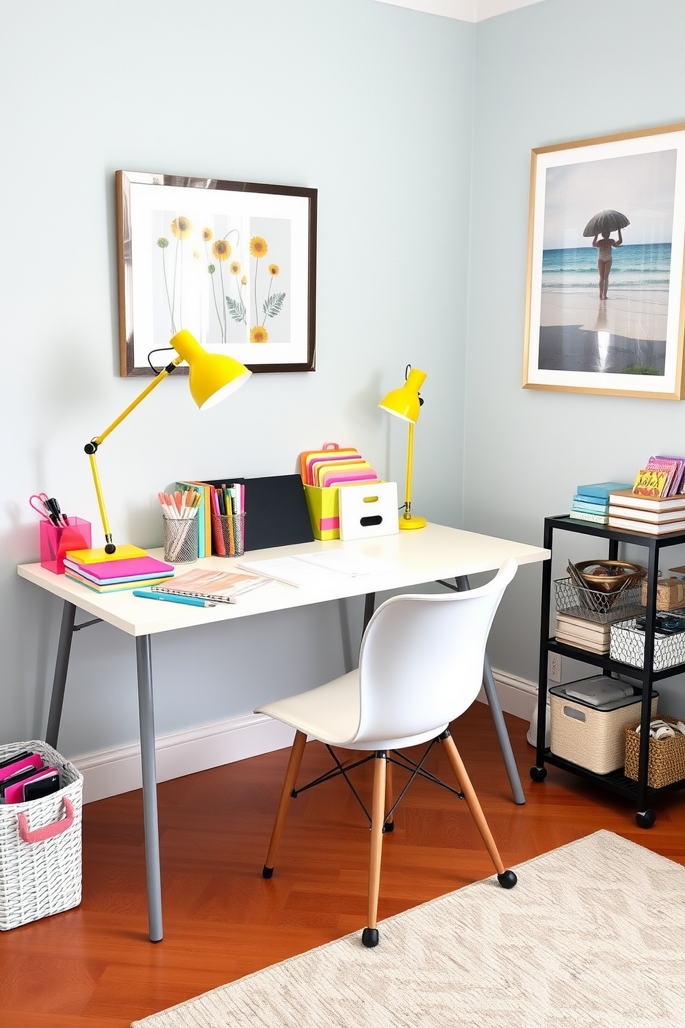 Brighten the space with vibrant desk accessories that include a mix of colorful notebooks, a cheerful desk lamp, and an eclectic assortment of pens and organizers. The walls are adorned with light, airy artwork that reflects a summer theme, complemented by a stylish rug that adds warmth to the hardwood floor.